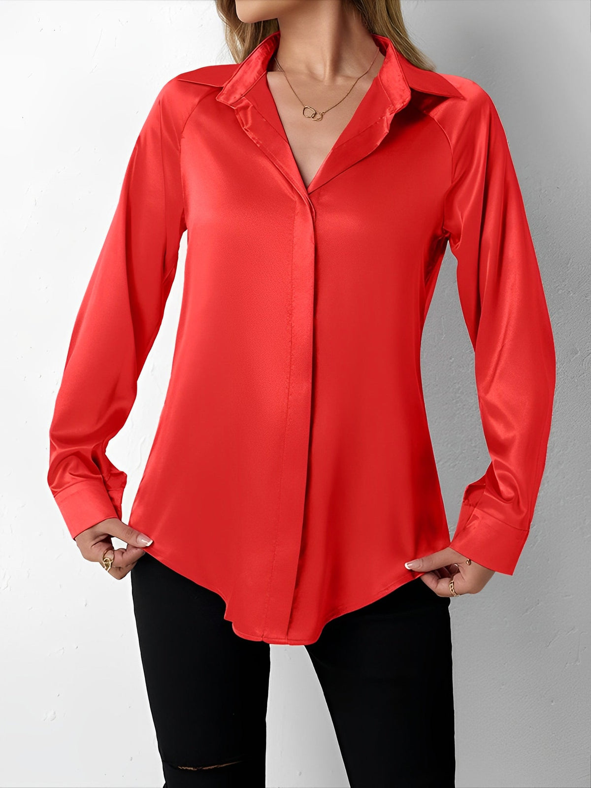 Satin Collared Solid Color Long Sleeves Work Blouse