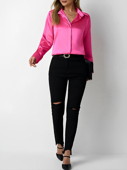 Satin Collared Solid Color Long Sleeves Work Blouse