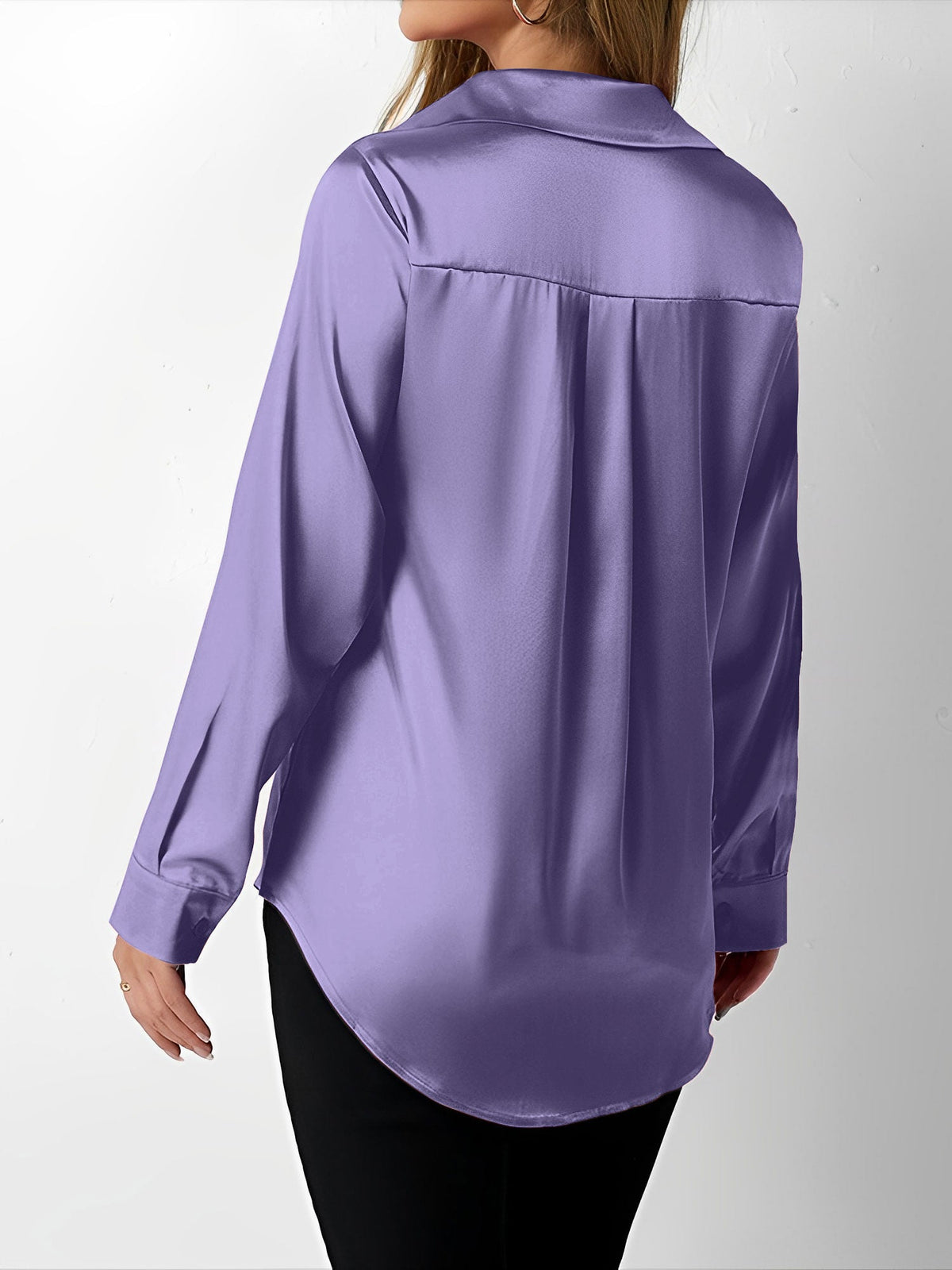 Satin Collared Solid Color Long Sleeves Work Blouse
