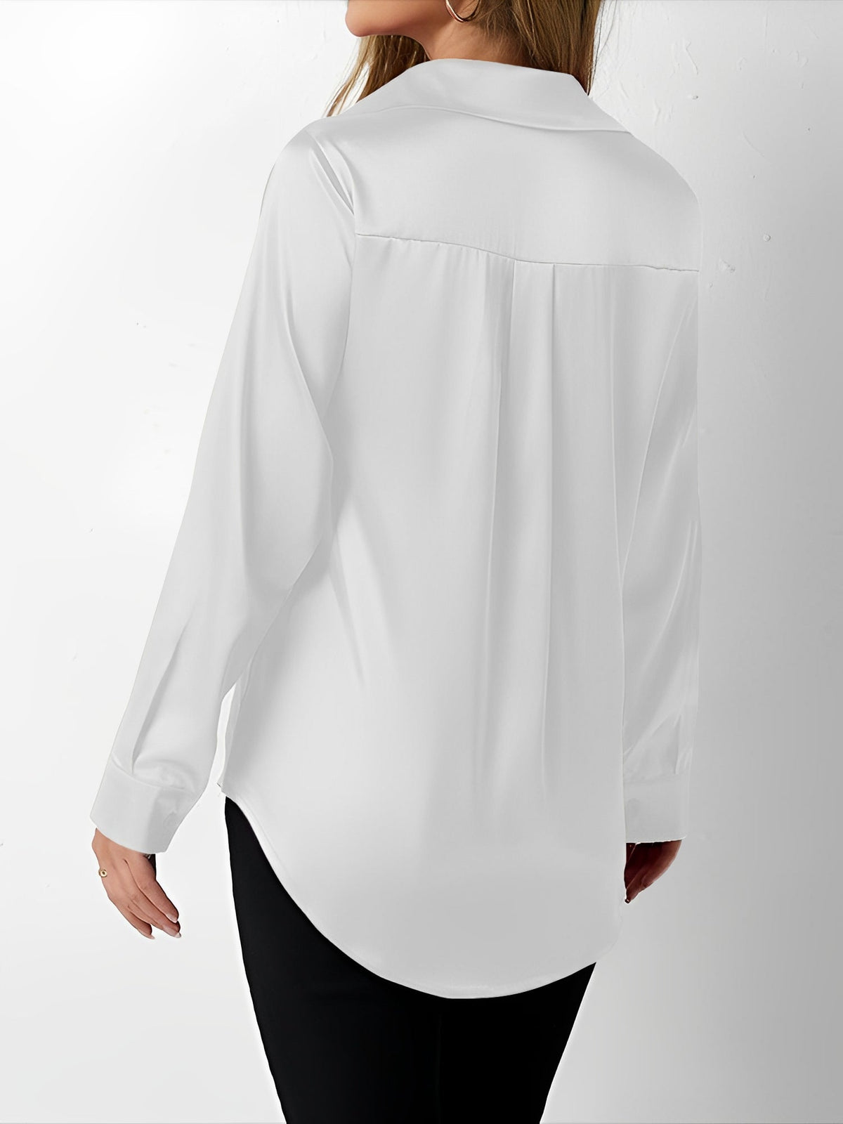 Satin Collared Solid Color Long Sleeves Work Blouse