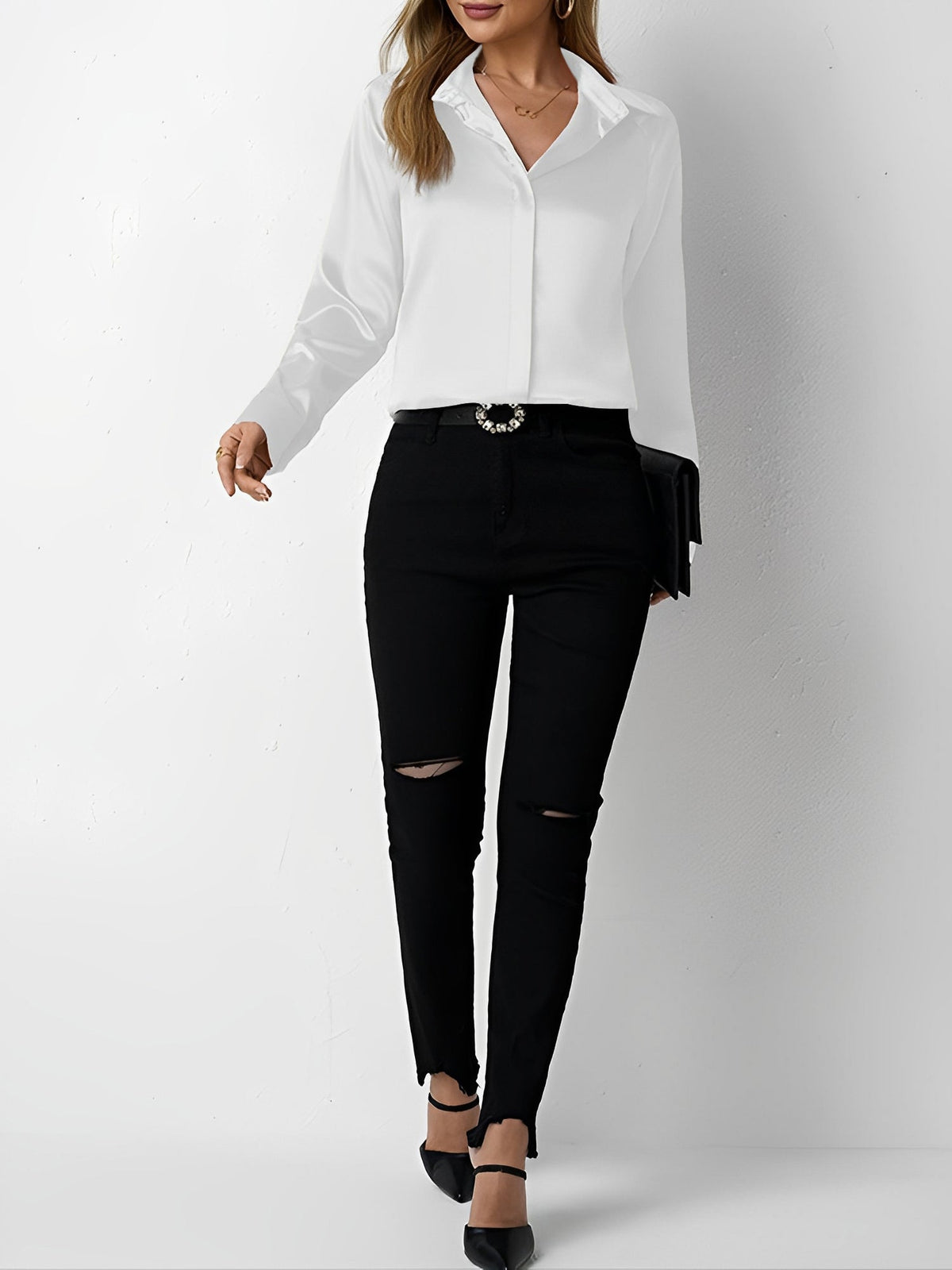 Satin Collared Solid Color Long Sleeves Work Blouse