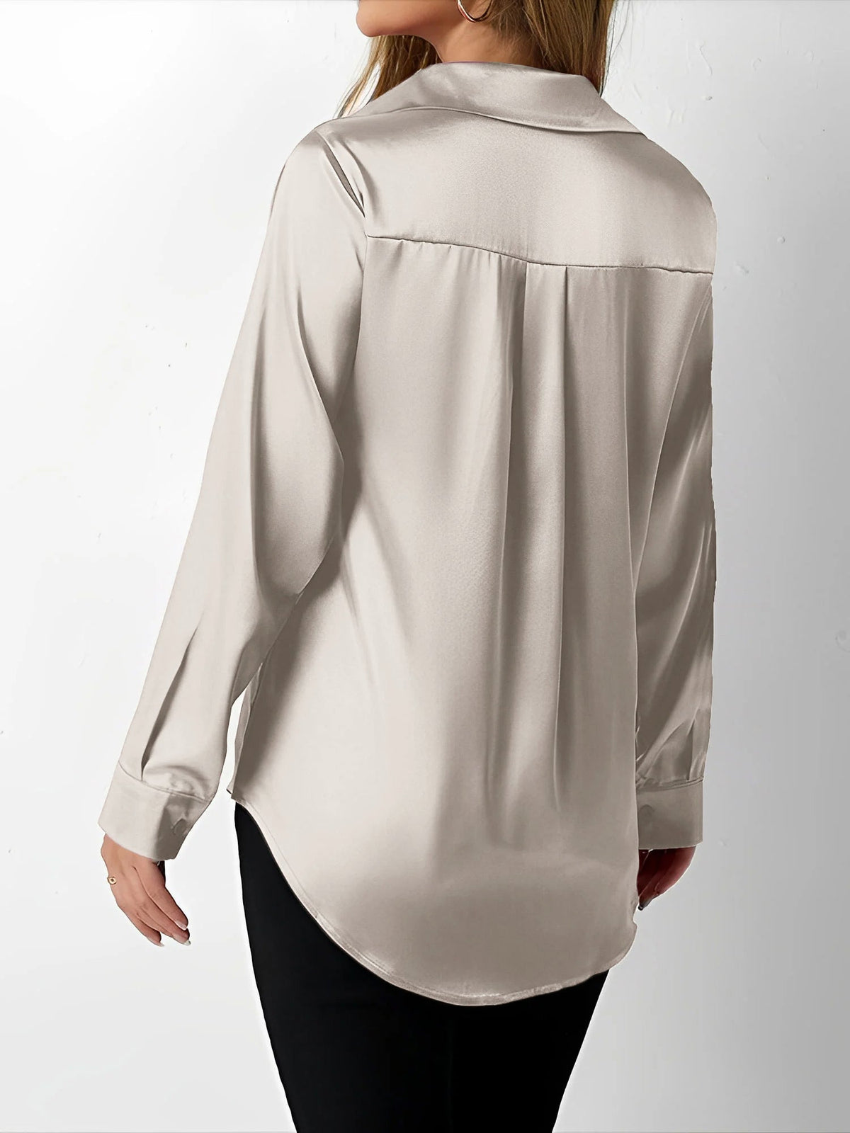 Satin Collared Solid Color Long Sleeves Work Blouse