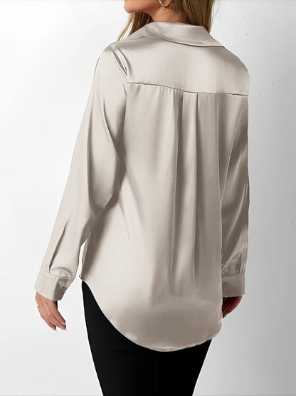 Satin Collared Solid Color Long Sleeves Work Blouse