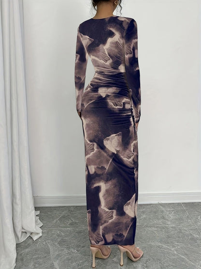 Round Neck Long Sleeves Printed Ruched Bodycon Dress