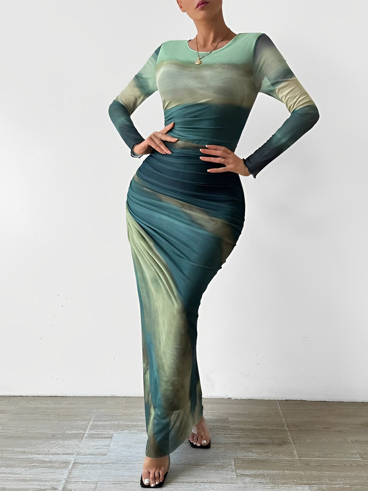 Mesh Contrast Color Ruched Bodycon Maxi Dress