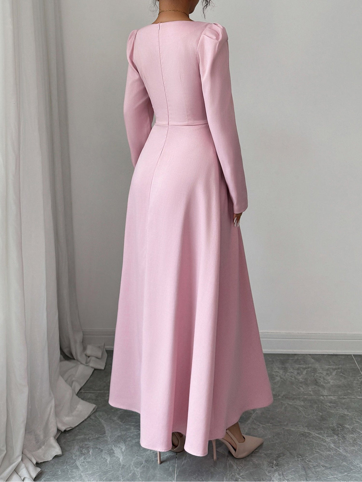 Square Neck Puff Sleeves Pleated A-Line Maxi Dress