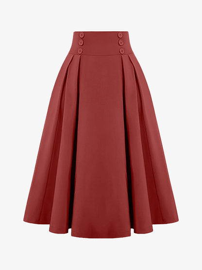 Solid Color Pleated Elastic Waist Pocketed A-Line Midi Skirt