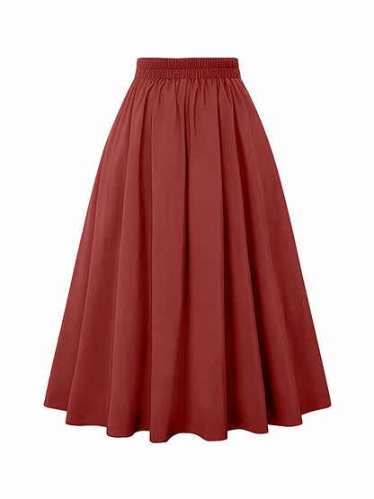 Solid Color Pleated Elastic Waist Pocketed A-Line Midi Skirt