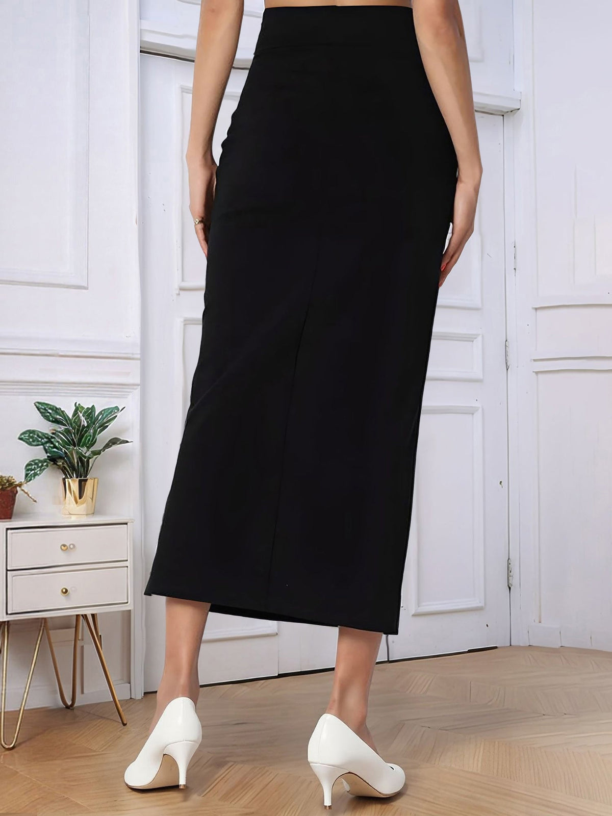 Solid Color High Waist Slit Midi Pencil Skirt