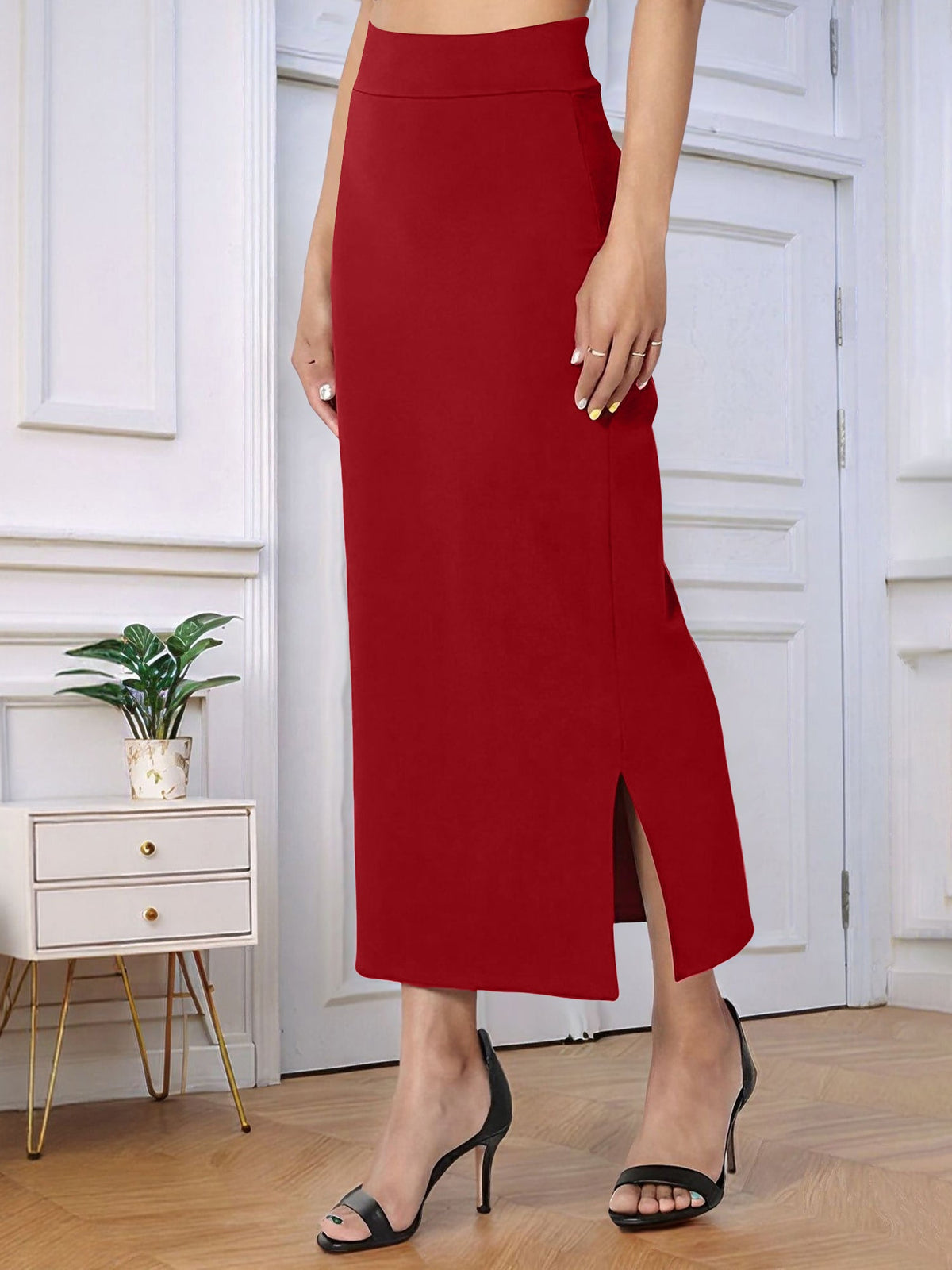 Solid Color High Waist Slit Midi Pencil Skirt