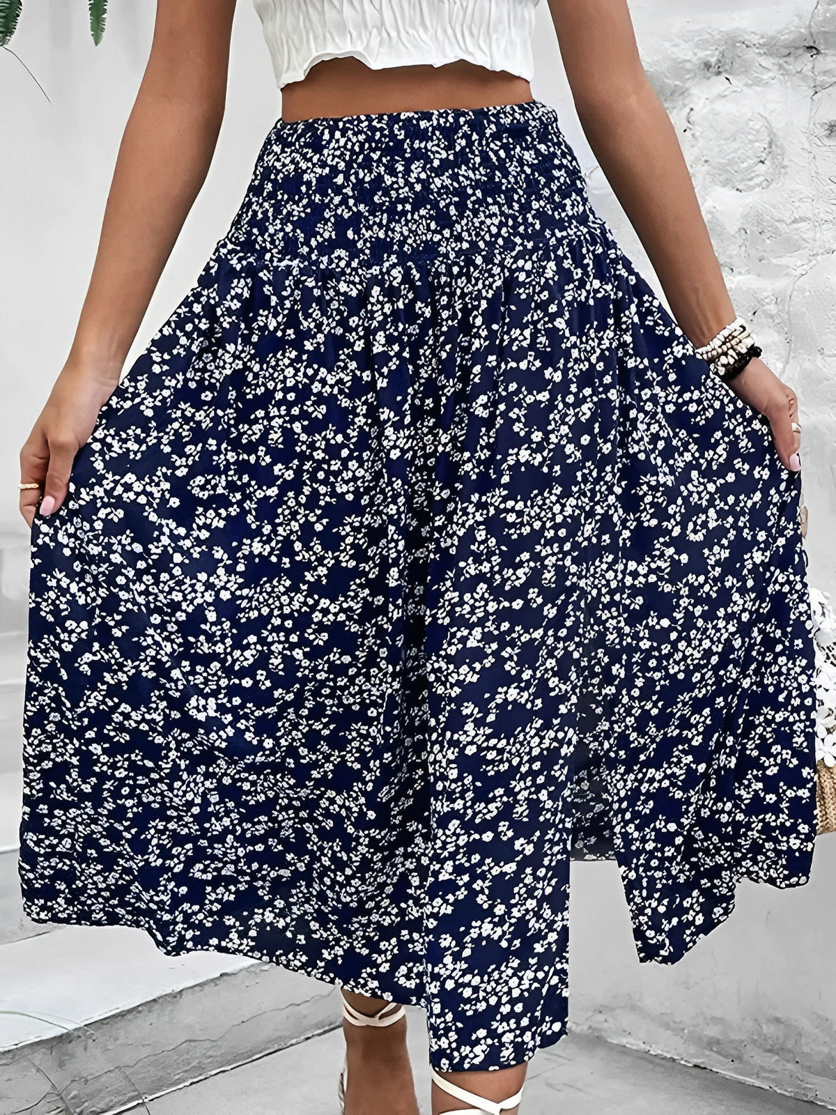 Floral Smocked Waist Slit Midi A-Line Skirt