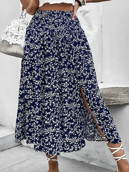 Floral Smocked Waist Slit Midi A-Line Skirt