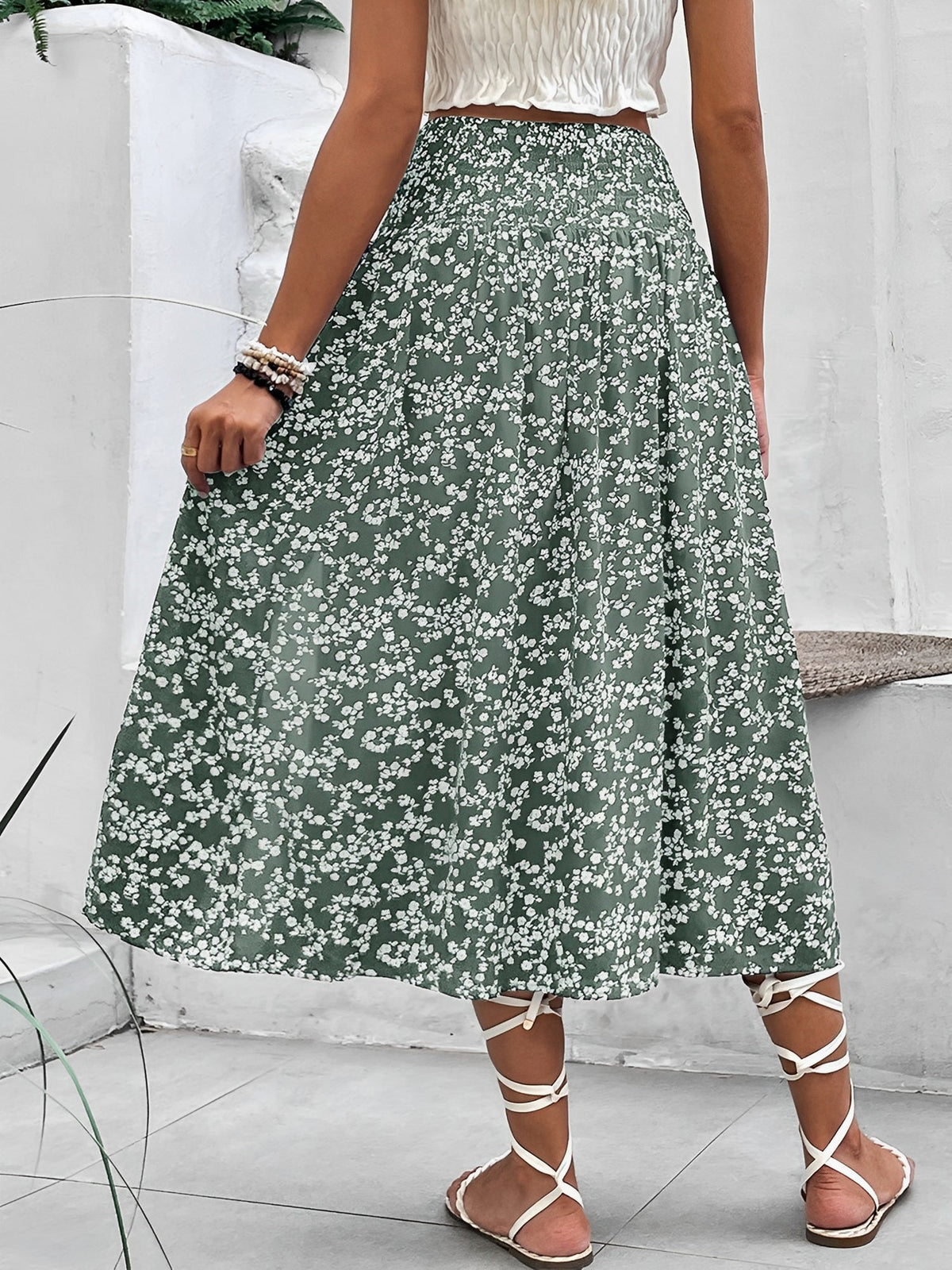 Floral Smocked Waist Slit Midi A-Line Skirt