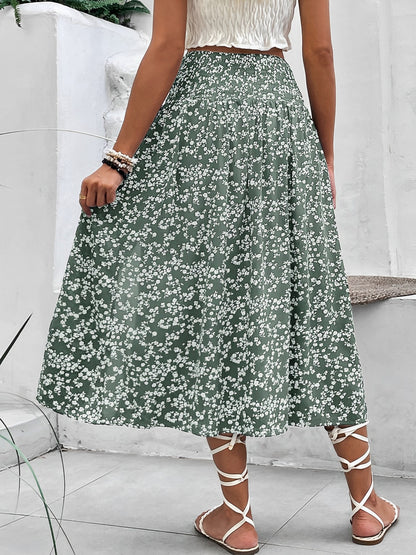 Floral Smocked Waist Slit Midi A-Line Skirt