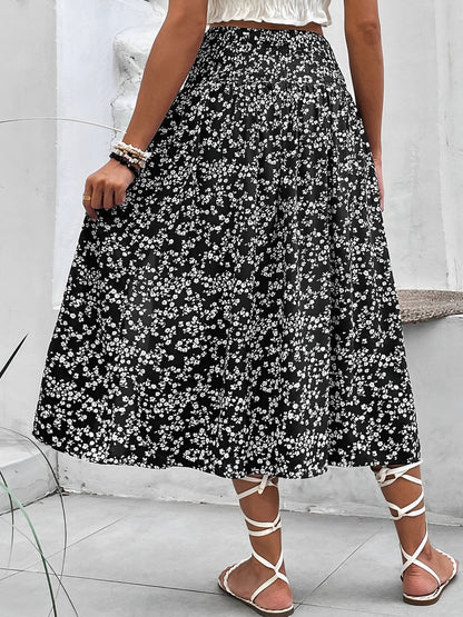 Floral Smocked Waist Slit Midi A-Line Skirt