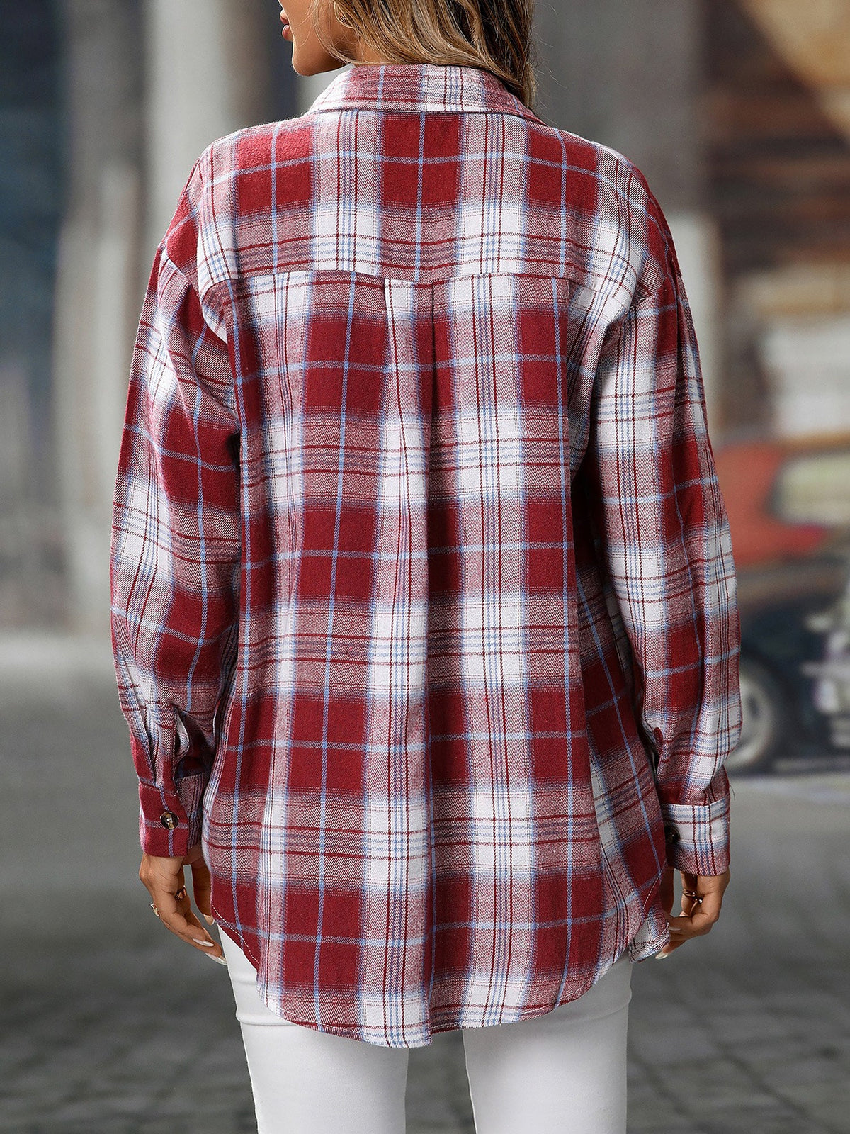 Plaid Turn Down Collar Long Sleeves Pocketed Shirt