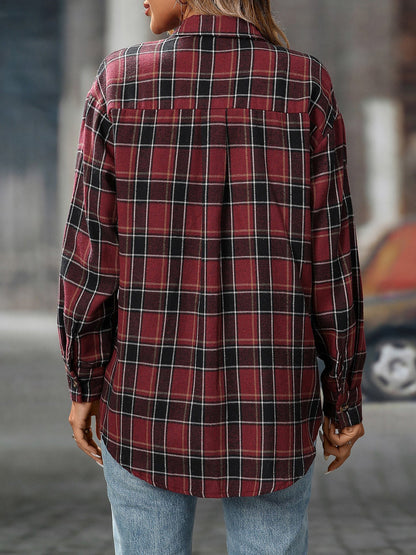 Plaid Turn Down Collar Long Sleeves Pocketed Shirt