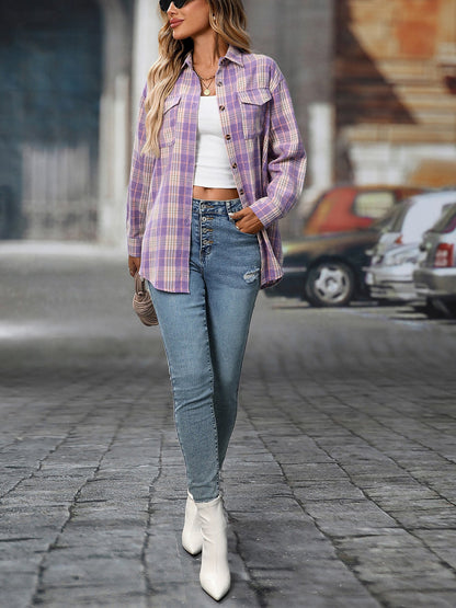 Plaid Turn Down Collar Long Sleeves Pocketed Shirt