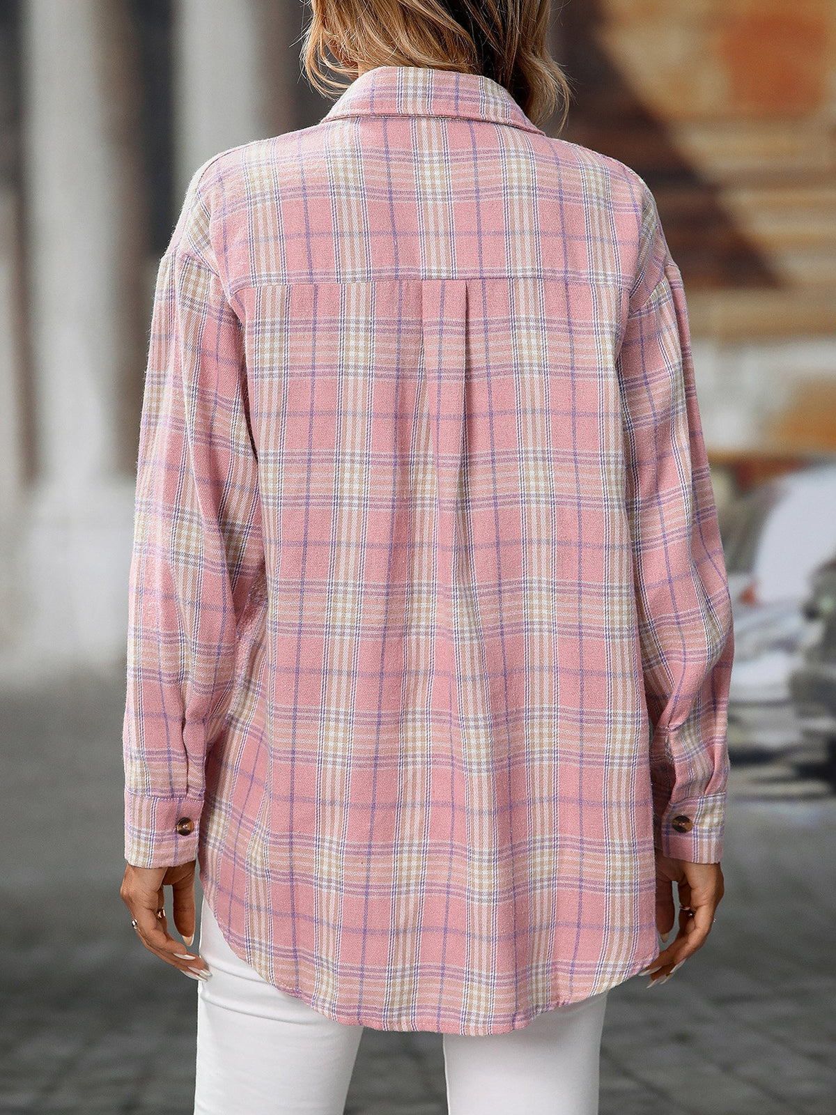 Plaid Turn Down Collar Long Sleeves Pocketed Shirt