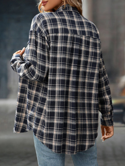 Plaid Turn Down Collar Long Sleeves Pocketed Shirt
