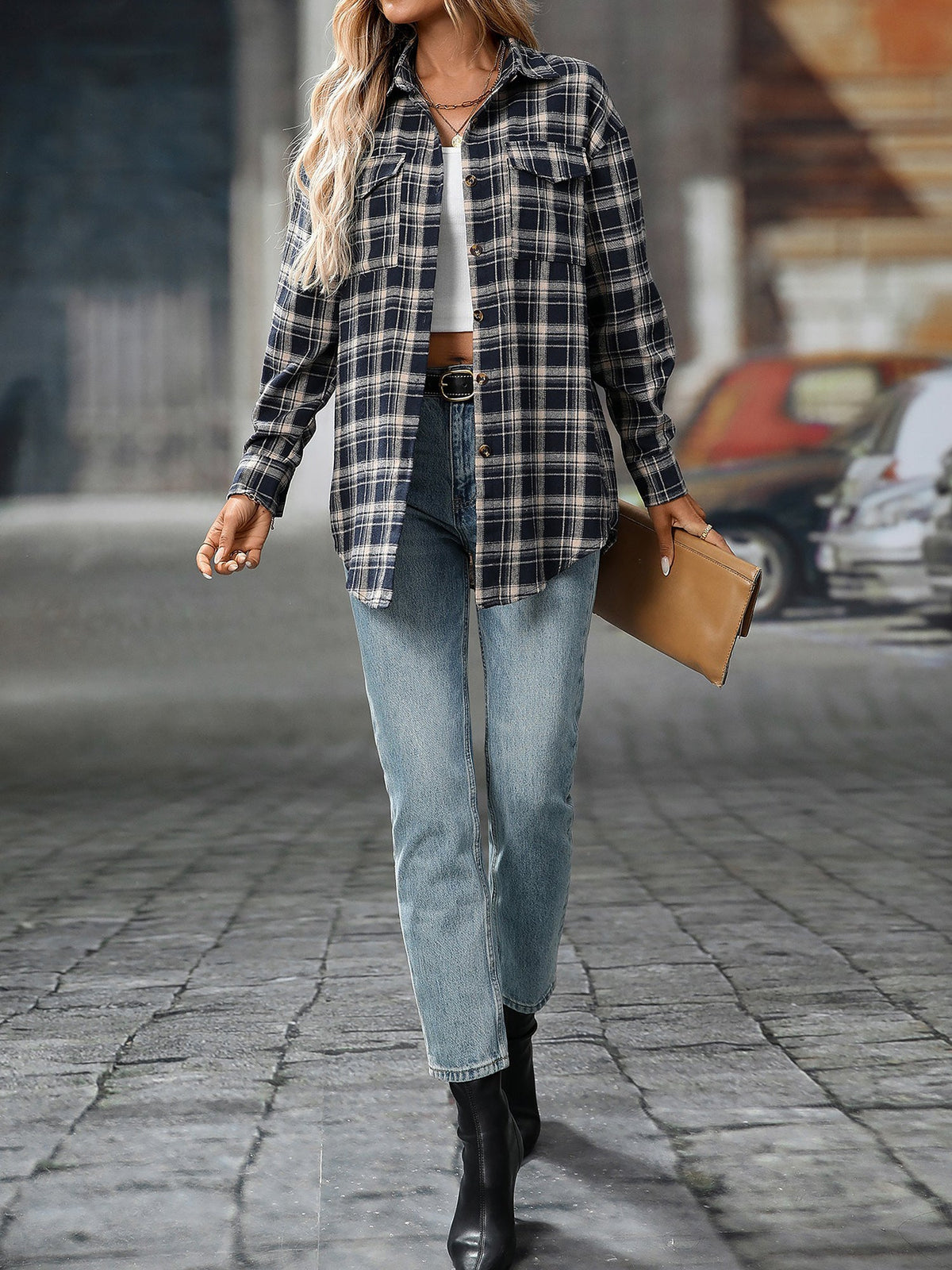 Plaid Turn Down Collar Long Sleeves Pocketed Shirt