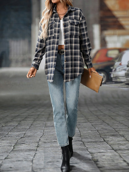 Plaid Turn Down Collar Long Sleeves Pocketed Shirt