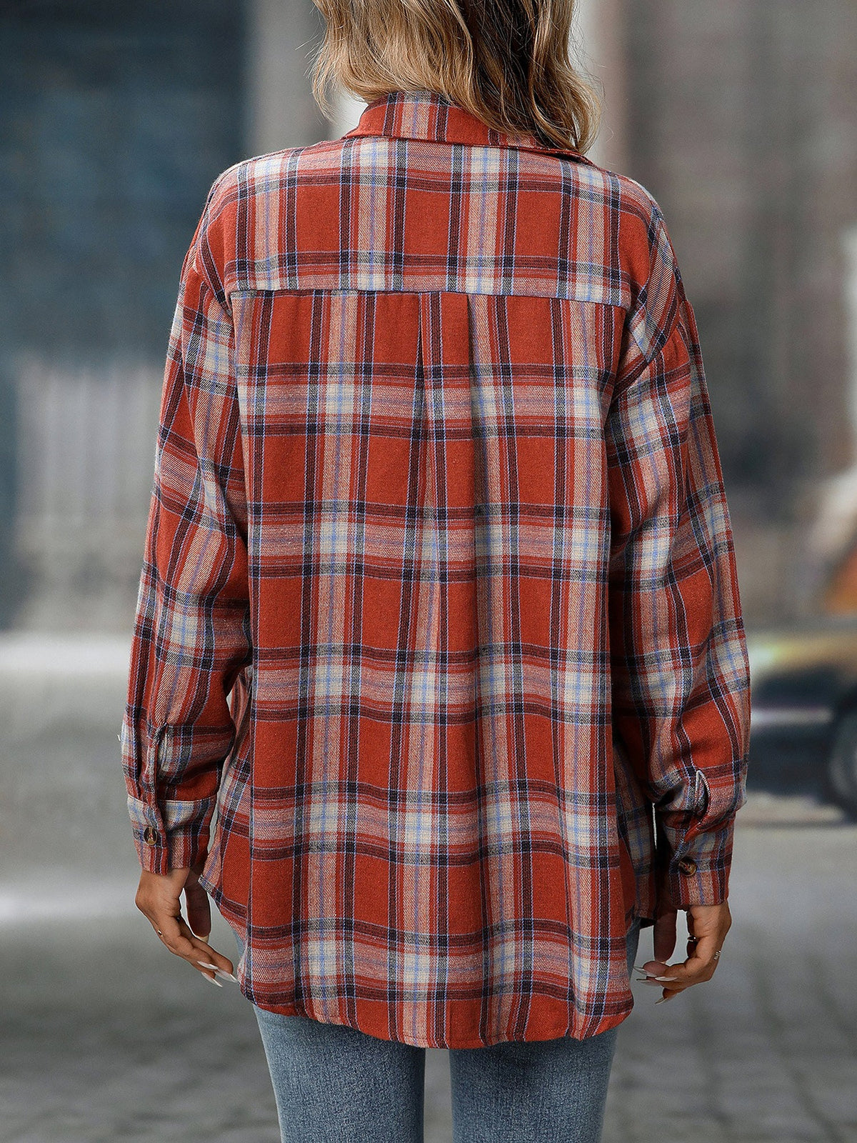 Plaid Turn Down Collar Long Sleeves Pocketed Shirt