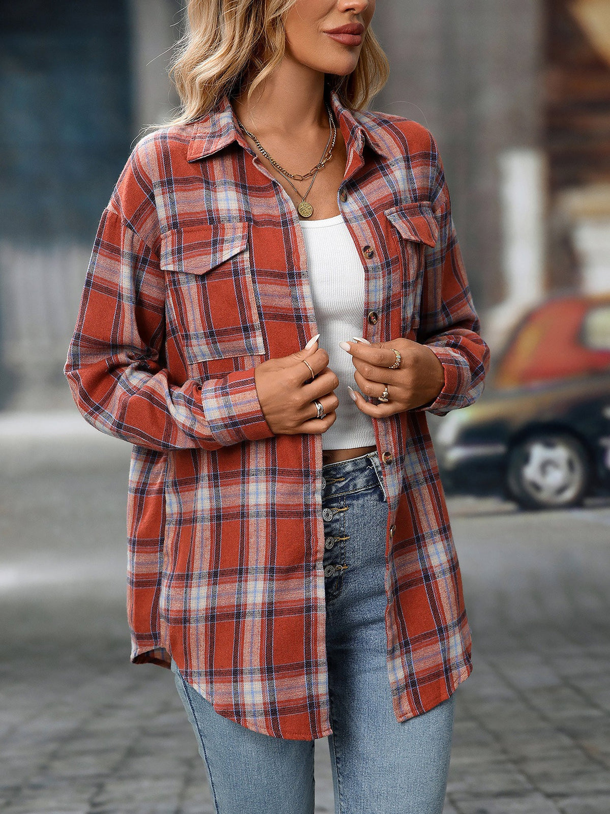 Plaid Turn Down Collar Long Sleeves Pocketed Shirt