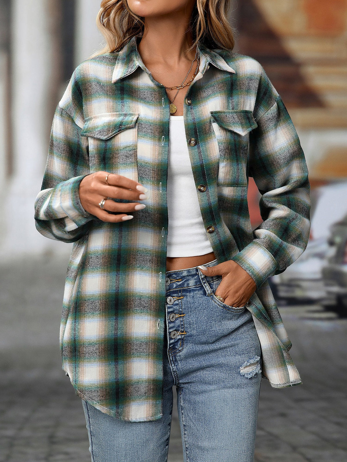 Plaid Turn Down Collar Long Sleeves Pocketed Shirt
