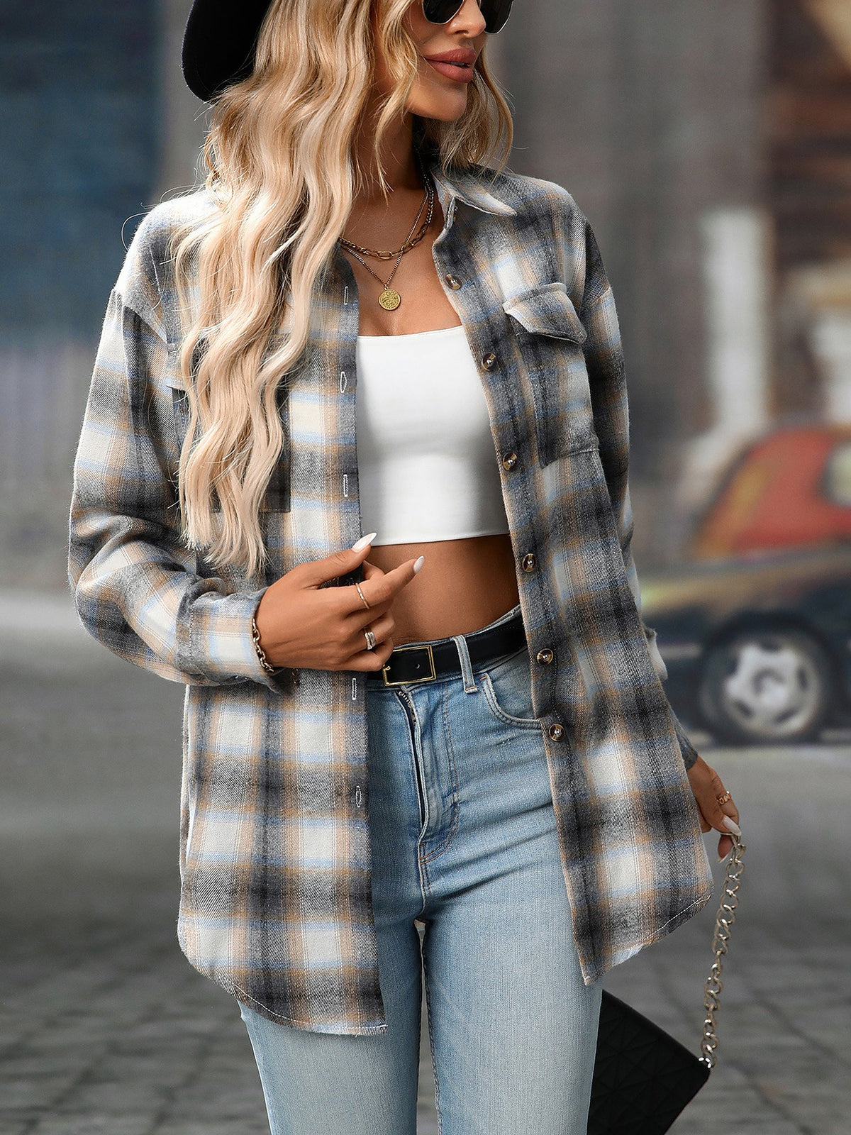 Plaid Turn Down Collar Long Sleeves Pocketed Shirt