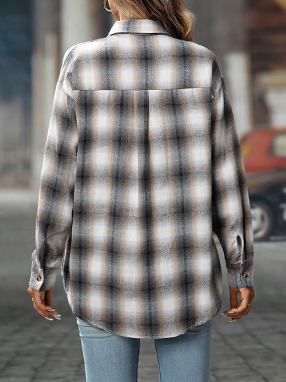 Plaid Turn Down Collar Long Sleeves Pocketed Shirt