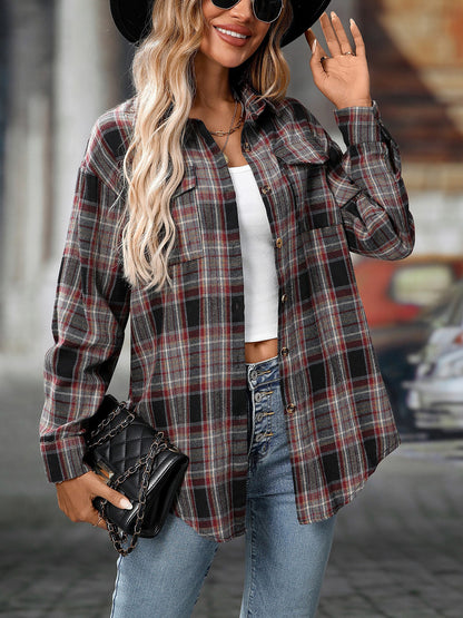 Plaid Turn Down Collar Long Sleeves Pocketed Shirt