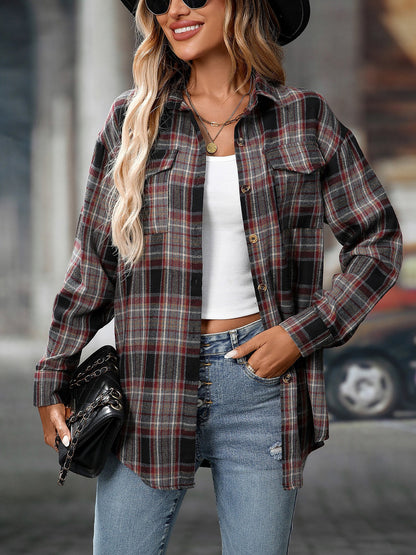 Plaid Turn Down Collar Long Sleeves Pocketed Shirt