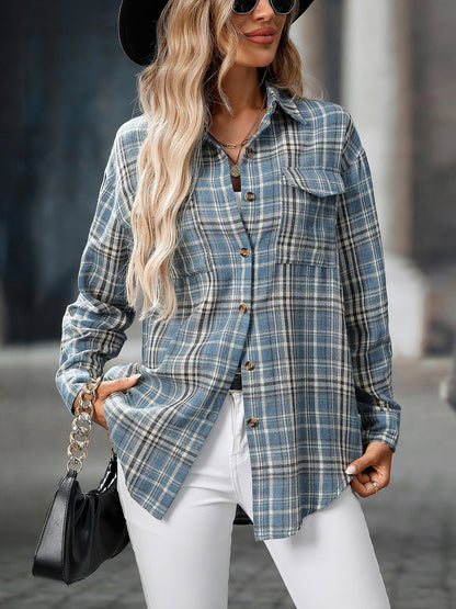 Plaid Turn Down Collar Long Sleeves Pocketed Shirt