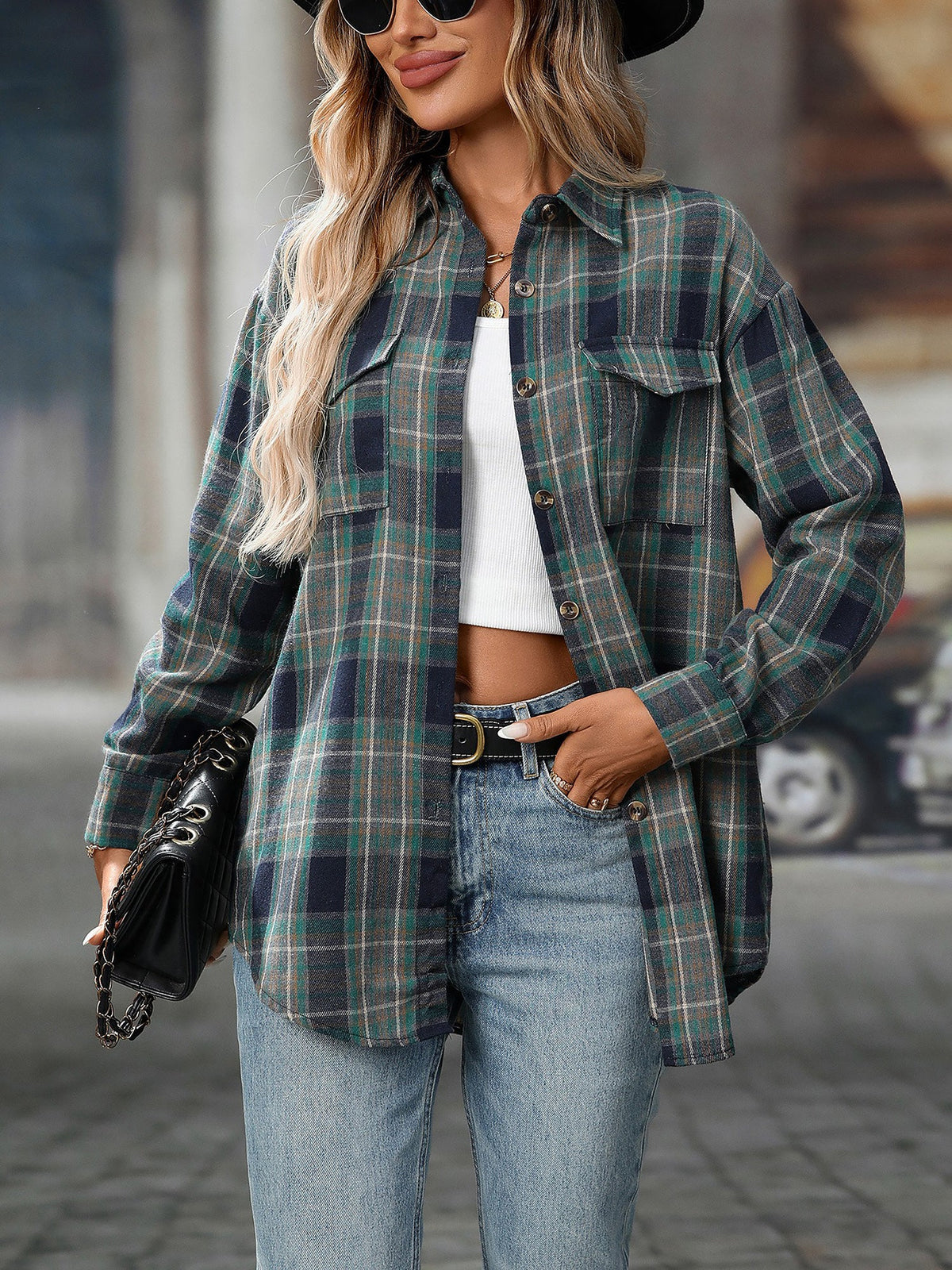 Plaid Turn Down Collar Long Sleeves Pocketed Shirt