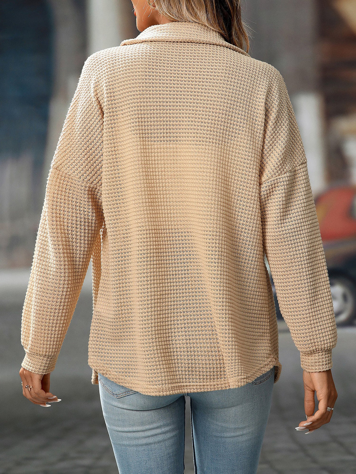 Waffle Textured Solid Color Long Sleeve Shirt