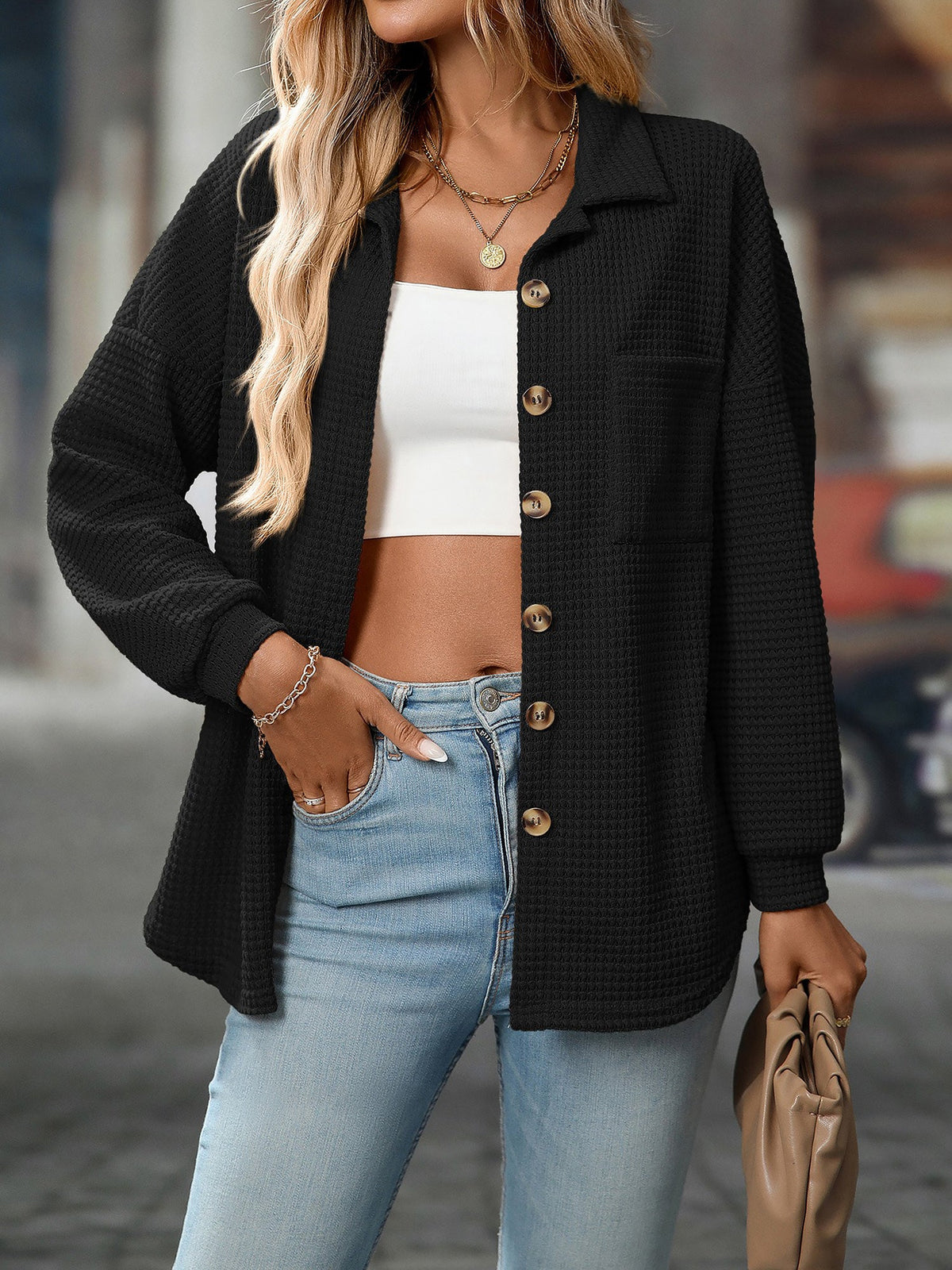 Waffle Textured Solid Color Long Sleeve Shirt