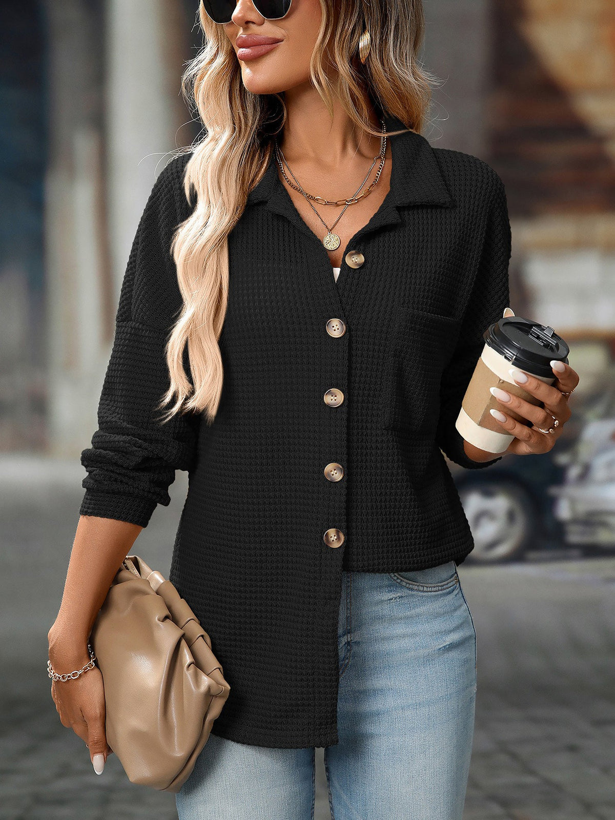Waffle Textured Solid Color Long Sleeve Shirt