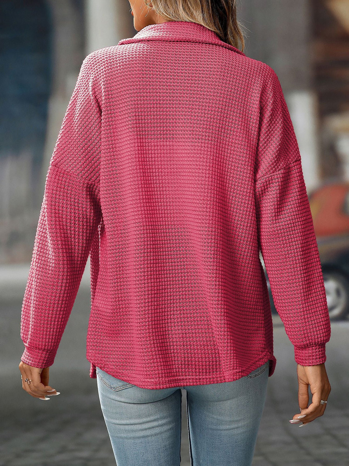 Waffle Textured Solid Color Long Sleeve Shirt