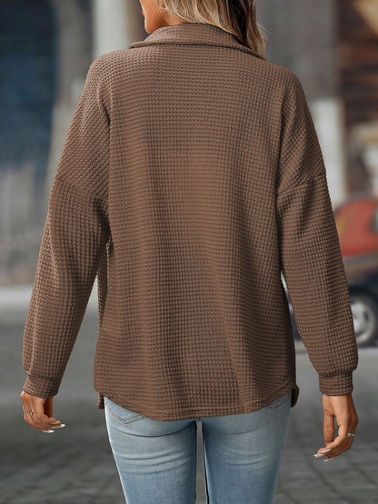 Waffle Textured Solid Color Long Sleeve Shirt