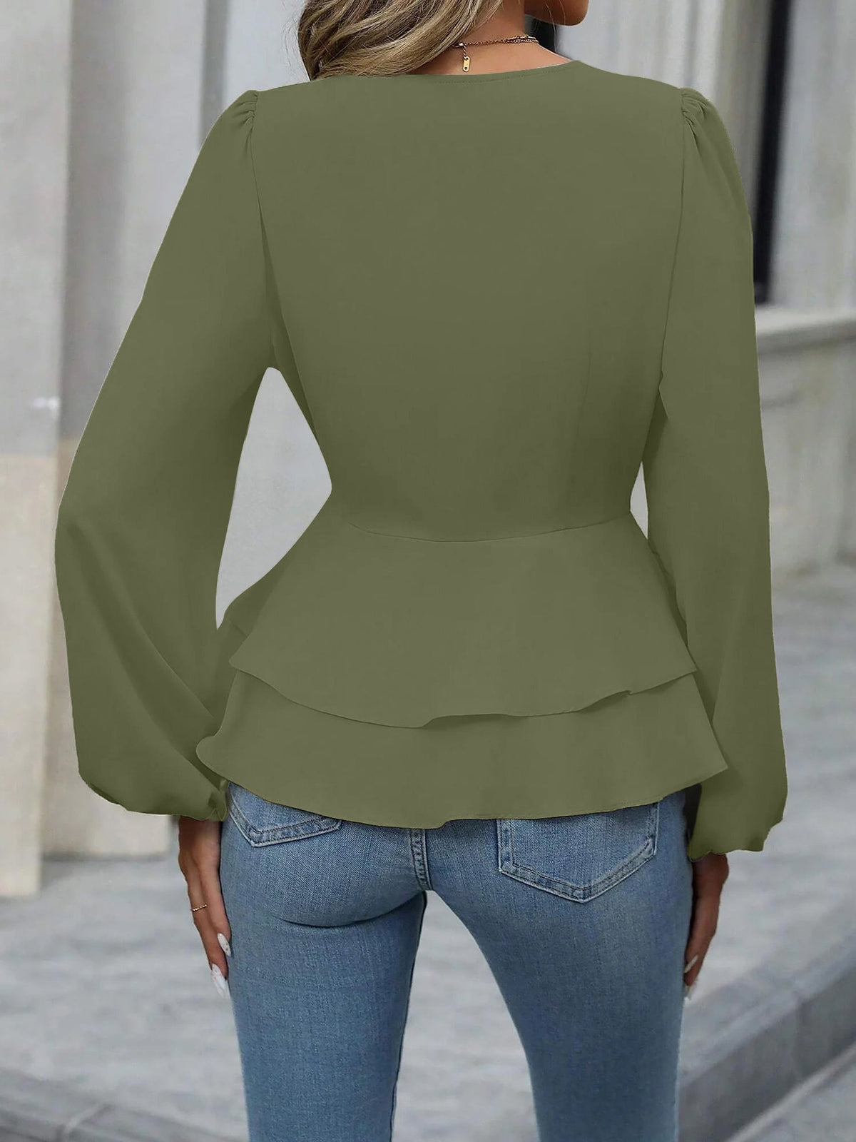 V Neck Puff Long Sleeves Solid Color Peplum Blouse