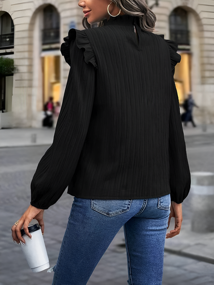Ruffled Mock Neck Lantern Sleeves Textured Blouse