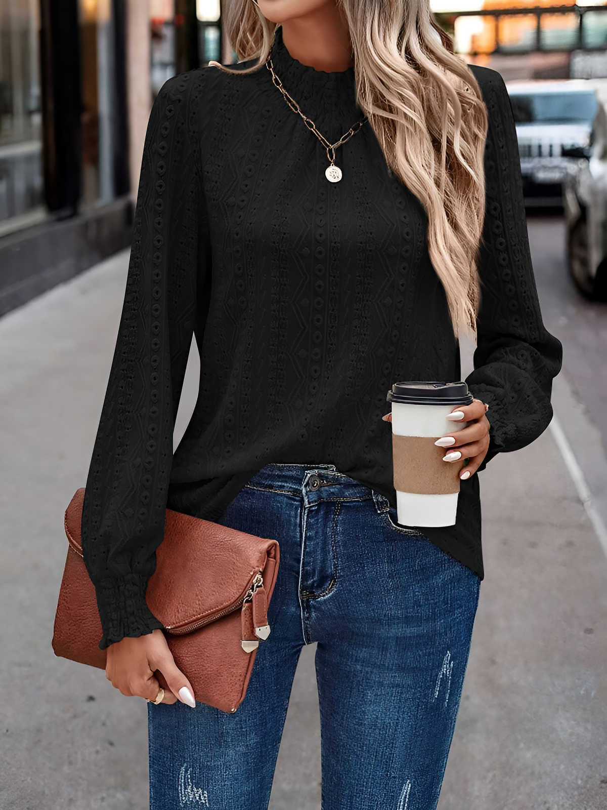 Smocked Mock Neck Long Sleeves Eyelet Blouse