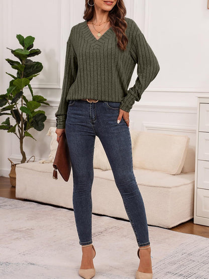 Long Sleeve V Neck Solid Color Button Decor Blouse