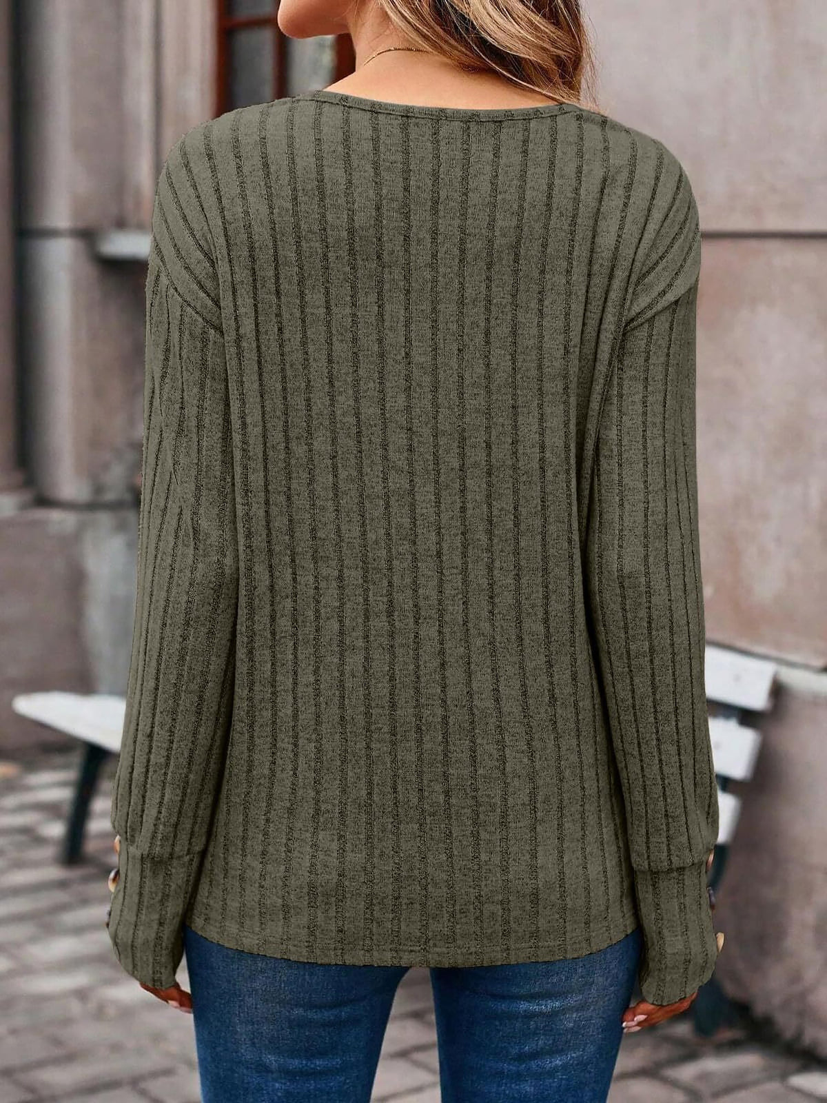 Long Sleeve V Neck Solid Color Button Decor Blouse