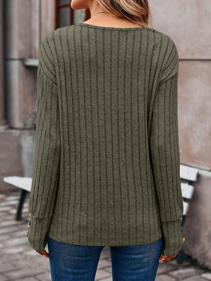 Long Sleeve V Neck Solid Color Button Decor Blouse