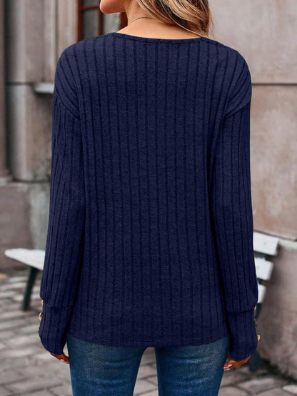 Long Sleeve V Neck Solid Color Button Decor Blouse