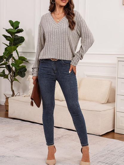 Long Sleeve V Neck Solid Color Button Decor Blouse