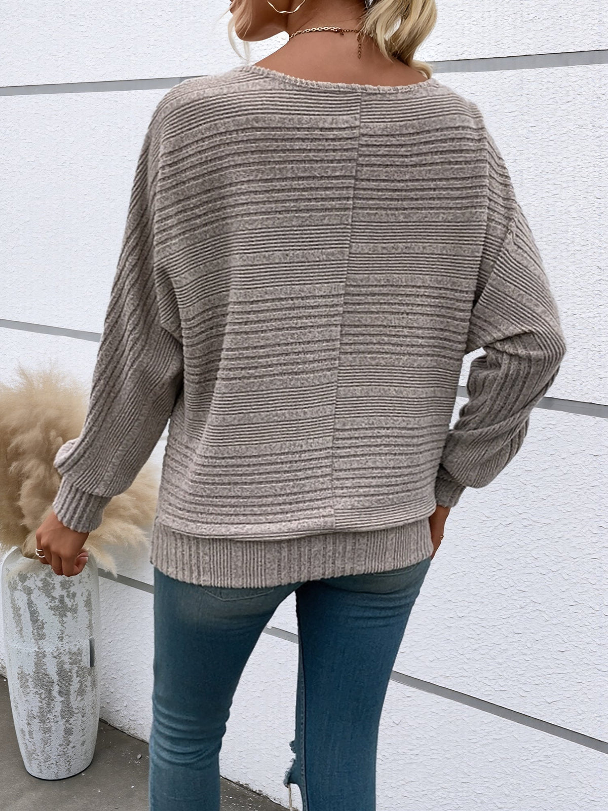 Round Neck Batwing Sleeve Solid Color Blouse