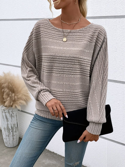 Round Neck Batwing Sleeve Solid Color Blouse